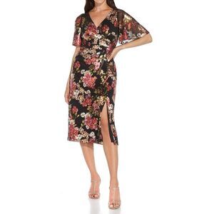 Adrianna Papell Womens Black Foiled Midi Cocktail and Party Dress Petites NWT